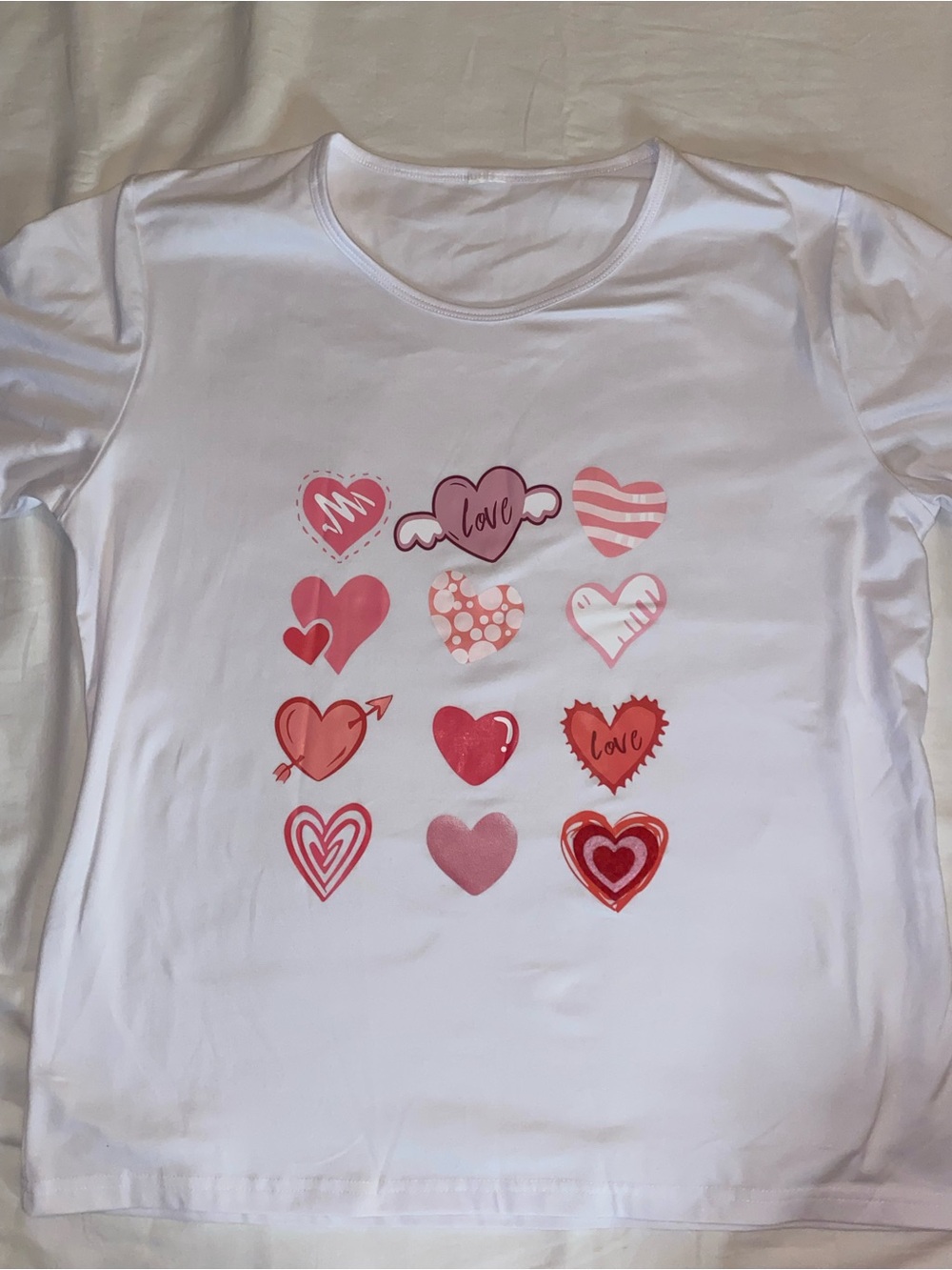 Women's White Short Sleeve Tee with Pink Heart Print